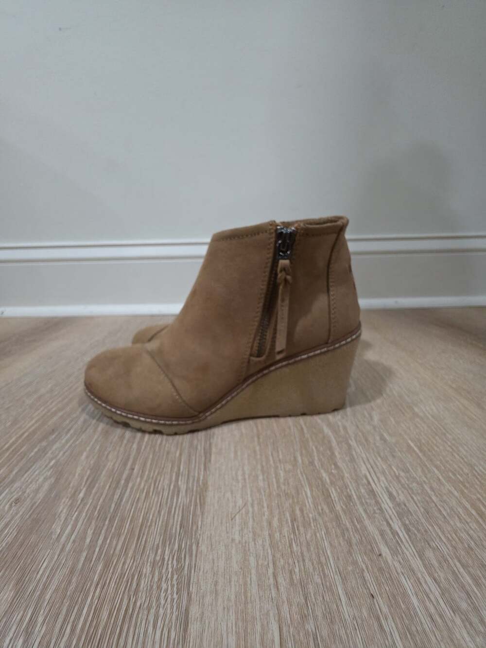TOMS Avery Toffee Microfiber Wedge Ankle Booties